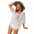 Damen luftiger Kaftan mit buntem Häkelmuster R&B