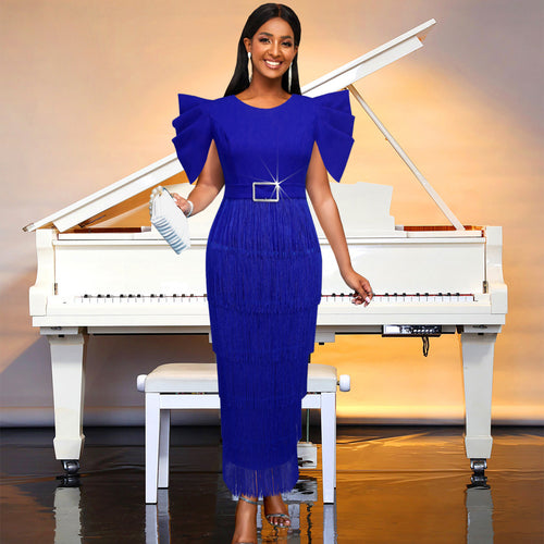 Damen Elegantes Fransen-Maxikleid mit voluminösen Puffärmeln R&B