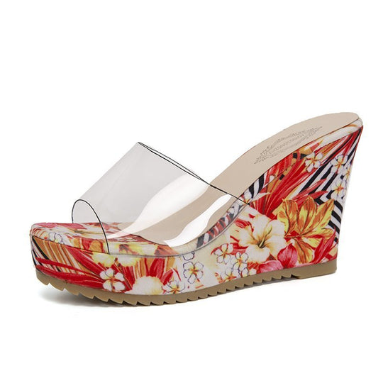 Damen nan PVC-Riemen Keilpantoletten mit floral bedruckter Keilsohle und ergonomischem Komfortfußbett R&B