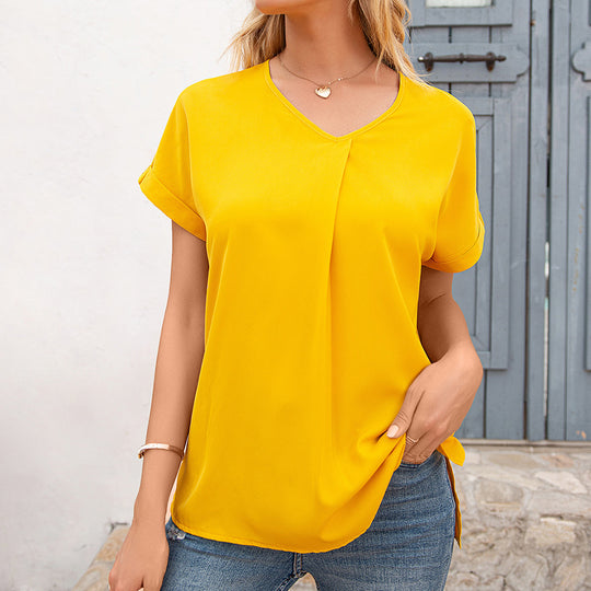 Damen elegantes V-Ausschnitt Bluse mit Falten und seitlichen Schlitzen R&B
