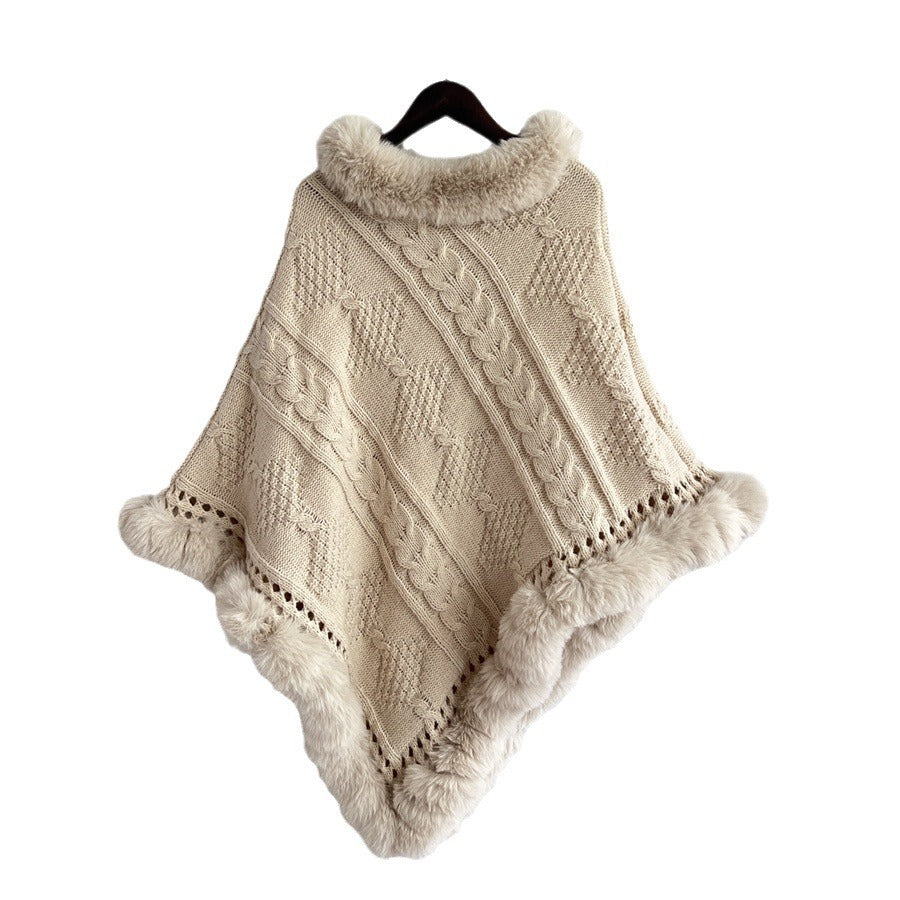 Damen Strickponcho mit dekorativem Kragen und gefüttertem Saum R&B