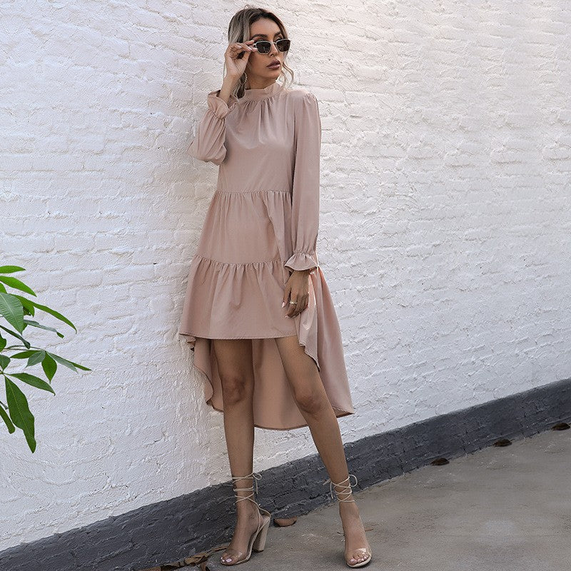 Damen elegantes, schwingendes Midi-Kleid mit Rüschen und langen Ärmeln R&B