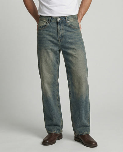 Herren Retro Jeans Straight Leg Washed Vibe High Street Denim Blau
