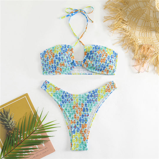 Damen Bandeau-Bikini mit verspieltem Wickeldetail und buntem Design R&B