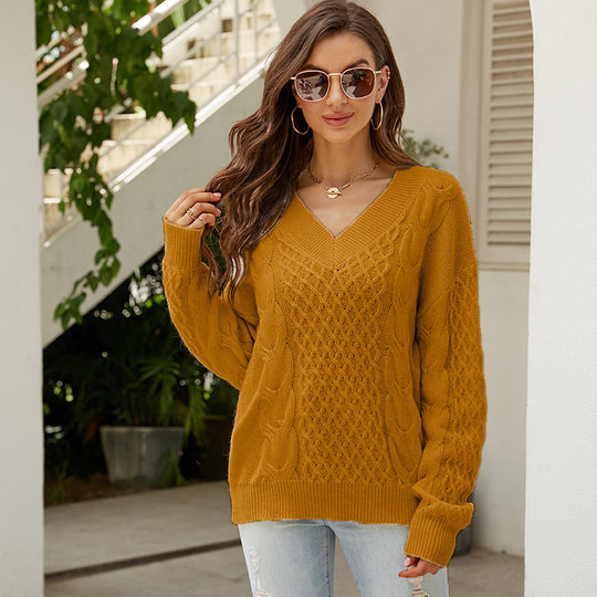 Damen Großer Strickpullover mit V-Ausschnitt und ausgefallenem Zopfmuster R&B