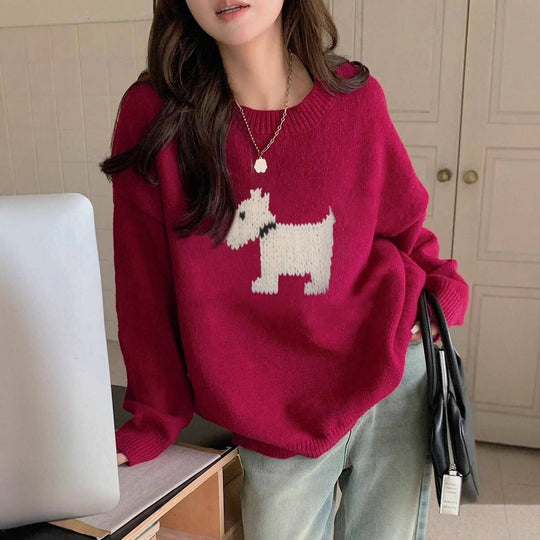 Damen Strickpullover mit süßem Dog-Motiv und bequemer Passform R&B