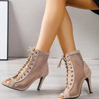 Damen offene Schnürstiefeletten im R&Brnen Mesh-Design mit hochwertigem Absatz R&B