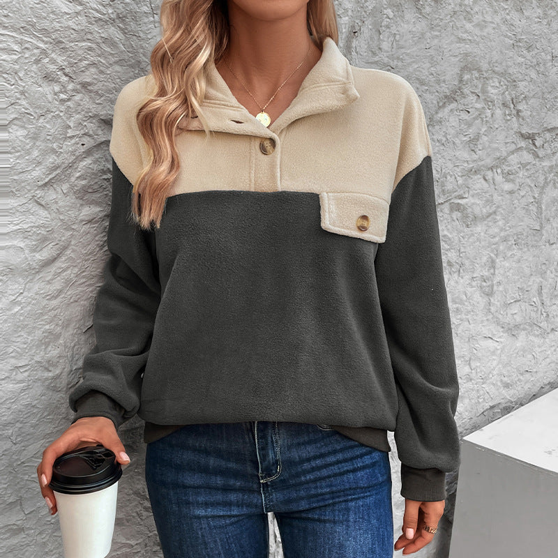 Damen Fleece-Pullover mit knopfbarem Kragen und praktischer Brusttasche R&B