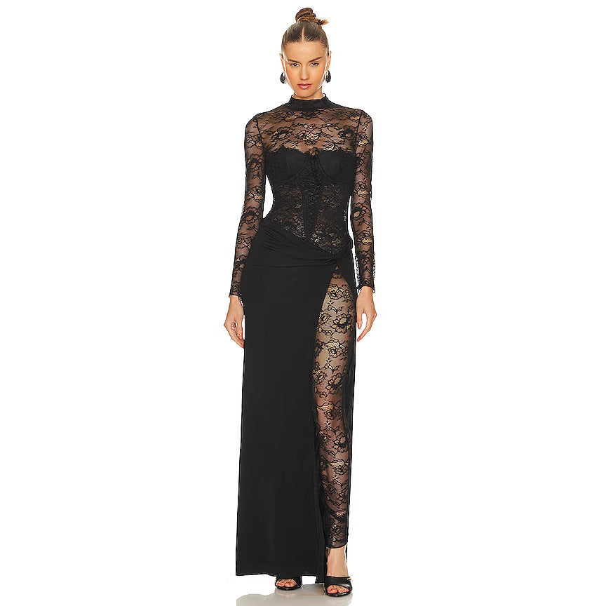 Damen Lange Spitze Kleid mit transparenten Einsätzen und elegantem Schlitz R&B