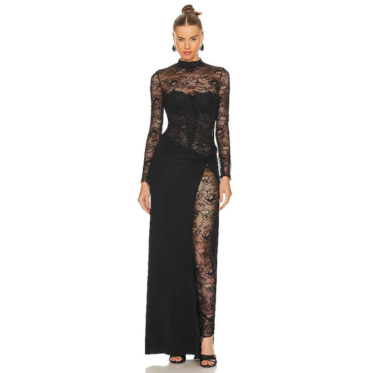 Damen Lange Spitze Kleid mit transparenten Einsätzen und elegantem Schlitz R&B