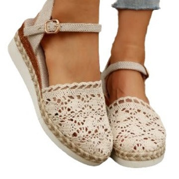 Damen Espadrille-Sandalen mit filigranem Häkel-Design und elastischem Knöchelriemen R&B