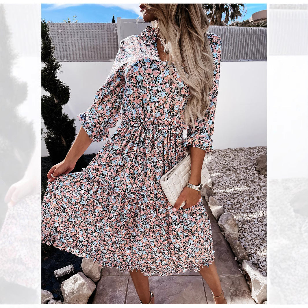 Damen Blumenkleid mit verspielten Rüschendetails und knielangem Schnitt R&B