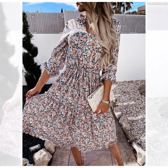 Damen Blumenkleid mit verspielten Rüschendetails und knielangem Schnitt R&B
