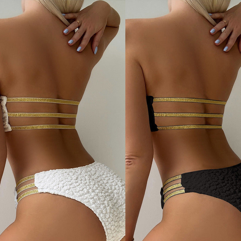 Damen Bandeau-Bikini mit modischem Quellmuster und eleganten Verzierungen