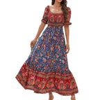 Damen Maxikleid mit voluminösen Puffärmeln und floralem Muster R&B