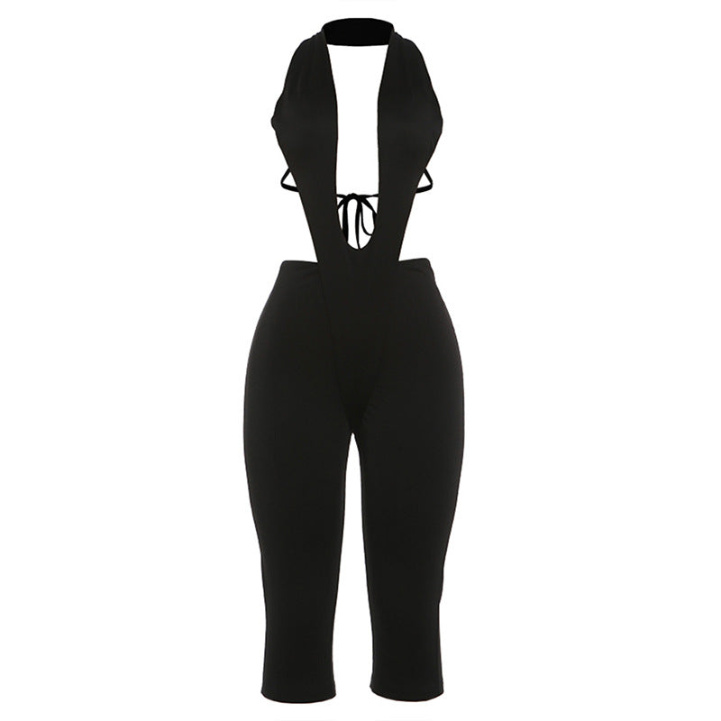 Damen figurbetonter Jumpsuit mit tiefem V-Ausschnitt und Bindegürtel R&B