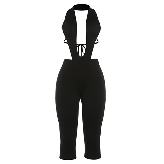 Damen figurbetonter Jumpsuit mit tiefem V-Ausschnitt und Bindegürtel R&B
