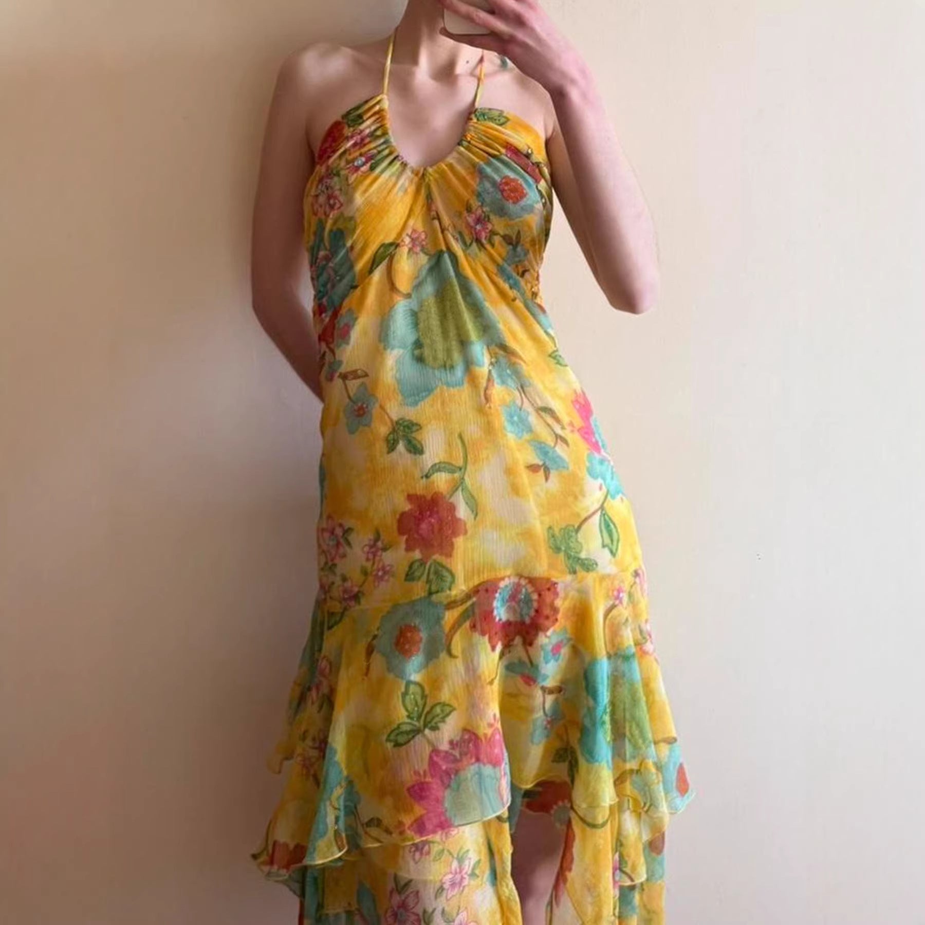 Damen Maxikleid mit floralem Lagenlook und Spaghettiträgern R&B