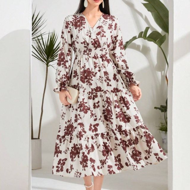 Damen Elegantes Maxikleid mit floralen Details und V-Ausschnitt R&B
