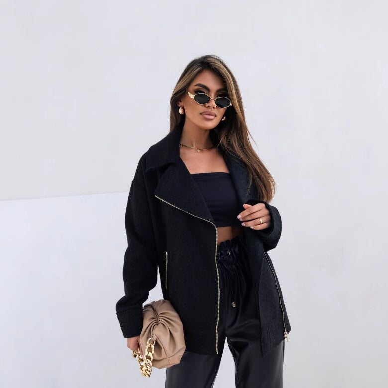 Damen stylische Wolljacke mit asymmetrischem Reißverschluss und großem Kragen R&B
