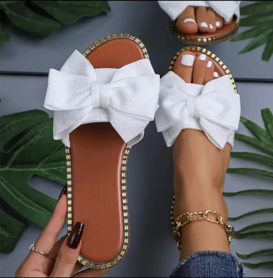 Damen elegante Sommer-Pantoletten mit großem Schleifen-Detail R&B