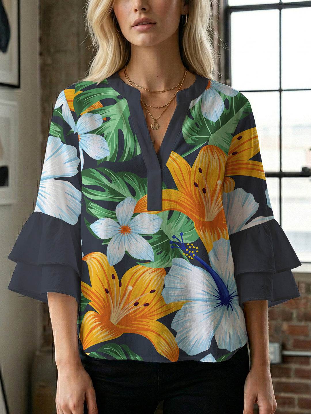 Damen Bluse mit voluminösen Rüschenärmeln und floralem Druck R&B