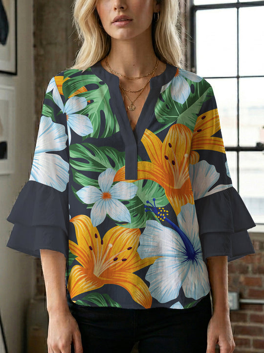 Damen Bluse mit voluminösen Rüschenärmeln und floralem Druck R&B