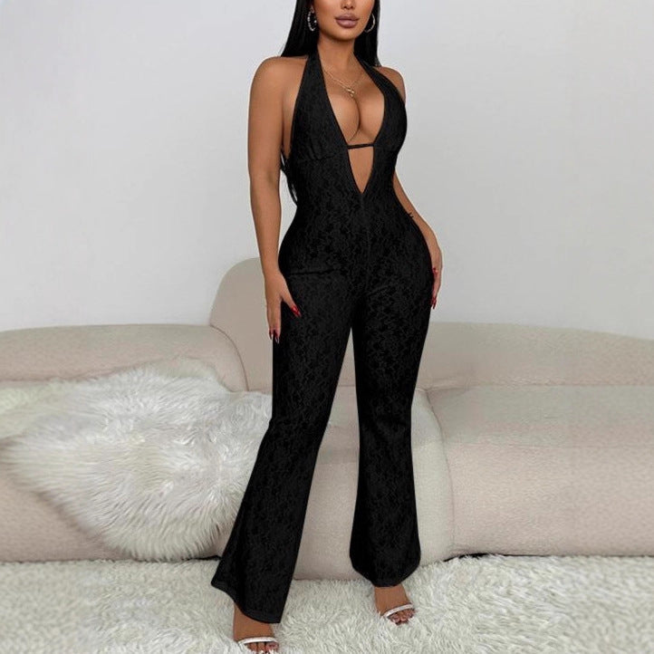 Damen eleganter Jumpsuit mit tiefem V-Ausschnitt und Spitzendetails R&B