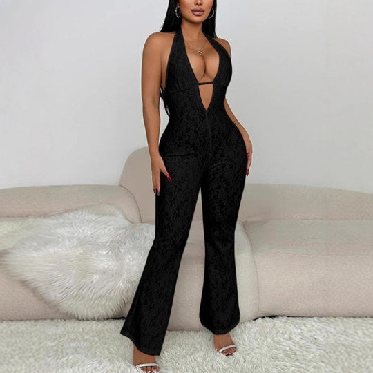 Damen eleganter Jumpsuit mit tiefem V-Ausschnitt und Spitzendetails R&B