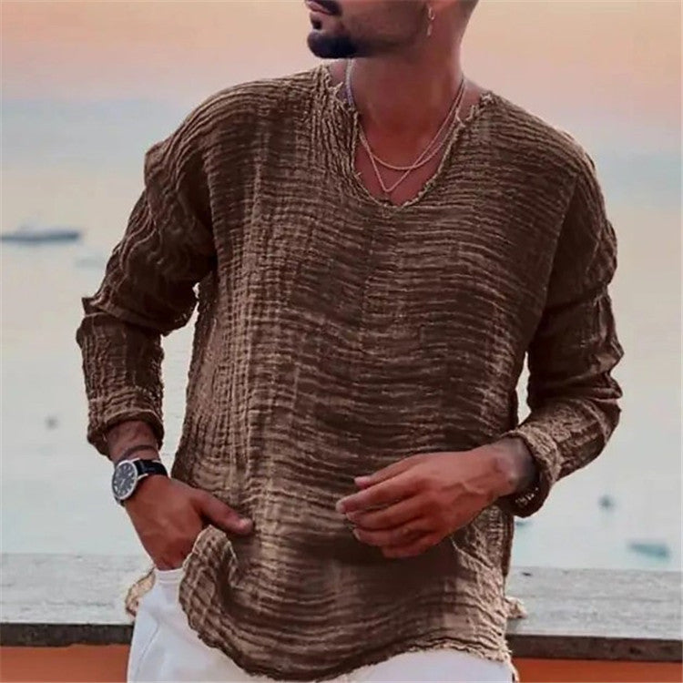 Herren lässiges V-Neck Leinenhemd R&B