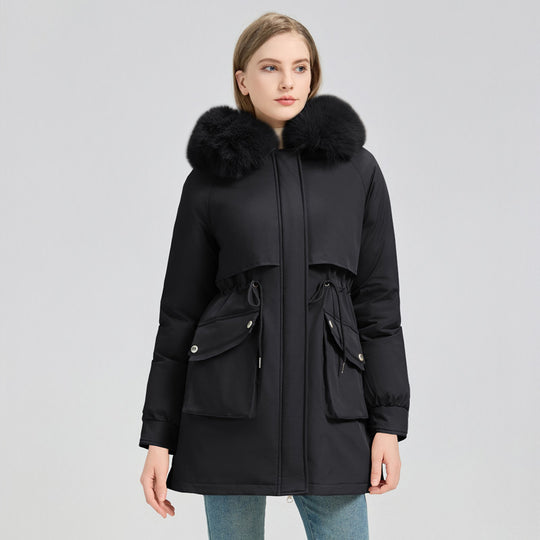 Damen Modische Pufferjacke mit abnehmbarem Kunstpelzkragen und funktionalen Taschen R&B