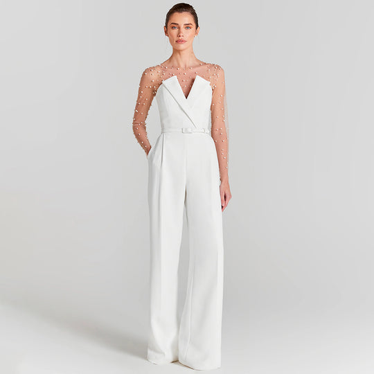 Damen eleganter Jumpsuit mit transparenten Ärmeln und Perlenverzierung R&B