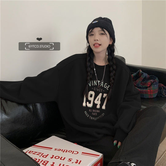 Damen lässiger Oversized Sweatshirt mit Vintage-Druck R&B