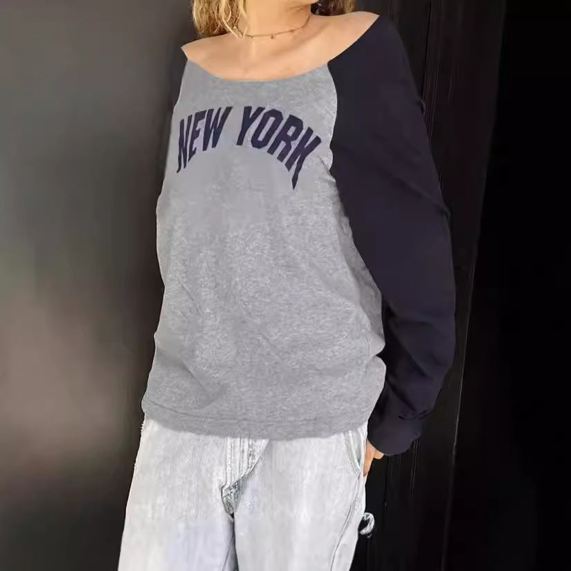 Damen Lässiges Sweatshirt mit modischem Schriftzug und kontrastierenden Ärmeln R&B