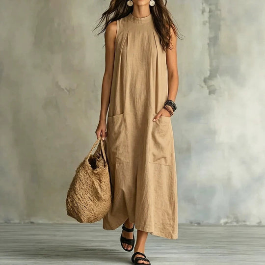 Damen nan ärmelloses Leinen-Maxikleid mit Stehkragen, Brustfalten und aufgesetzten Taschen R&B