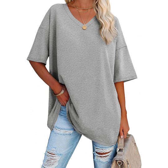Damen Oversized T-Shirt mit V-Ausschnitt und seitlichen Schlitzen R&B