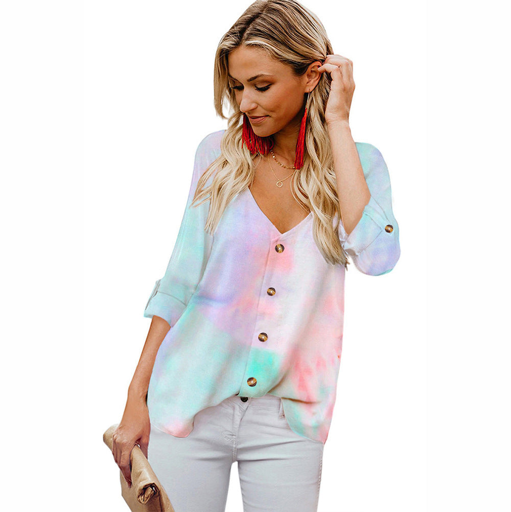 Damen Lässige Bluse mit buntem Farbverlauf und umschlagbaren Ärmel R&B