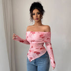 Damen nan schulterfreies gerafftes Langarm-Oberteil aus feinem Mesh mit floralem Print und taillierter Silhouette R&B