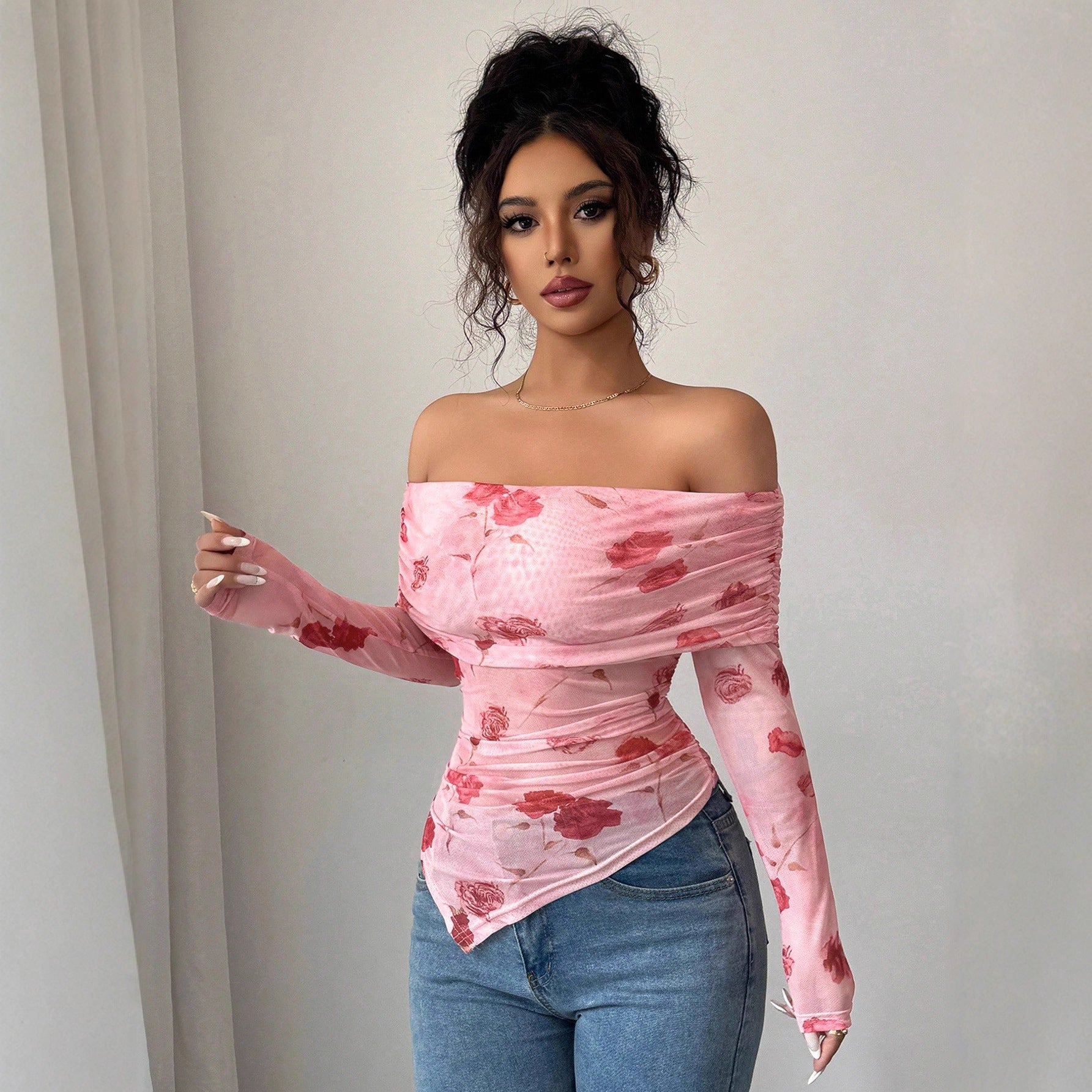 Damen nan schulterfreies gerafftes Langarm-Oberteil aus feinem Mesh mit floralem Print und taillierter Silhouette R&B