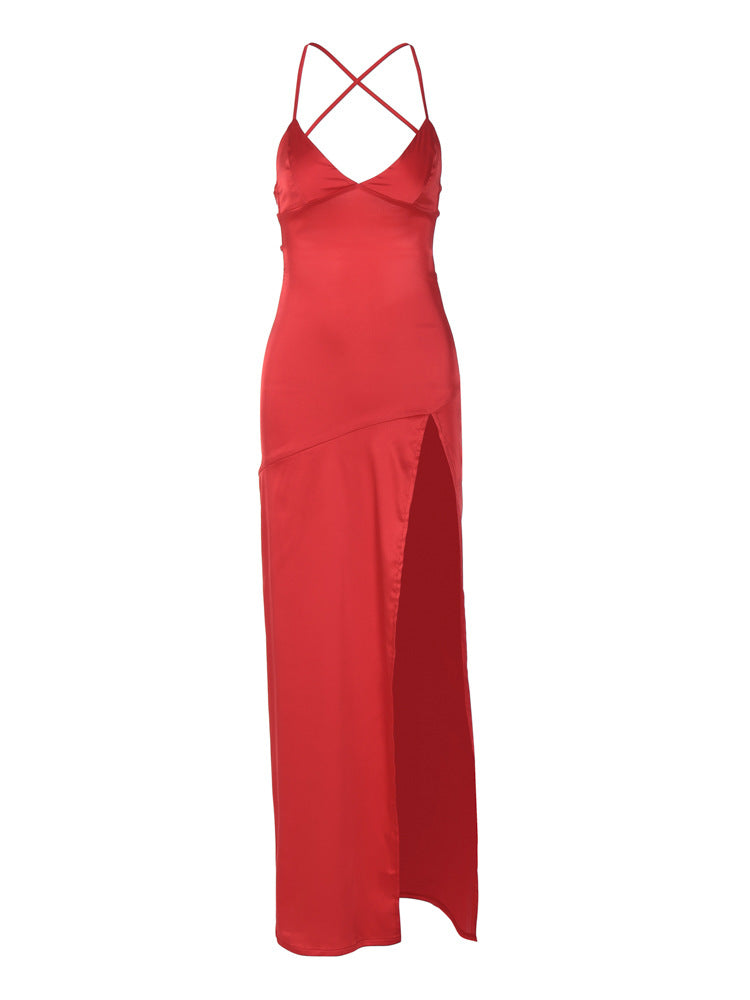 Damen Elegantes und figurbetontes Abendkleid mit seidigem Stoff und hohem Schlitz R&B