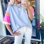 Damen lässiges T-Shirt mit farbenfrohen Ärmeln und weitem Schnitt R&B