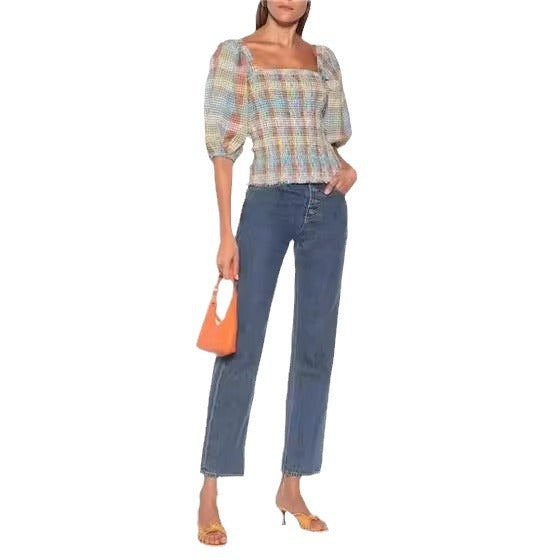 Damen Puffärmel Bluse mit kariertem Design R&B