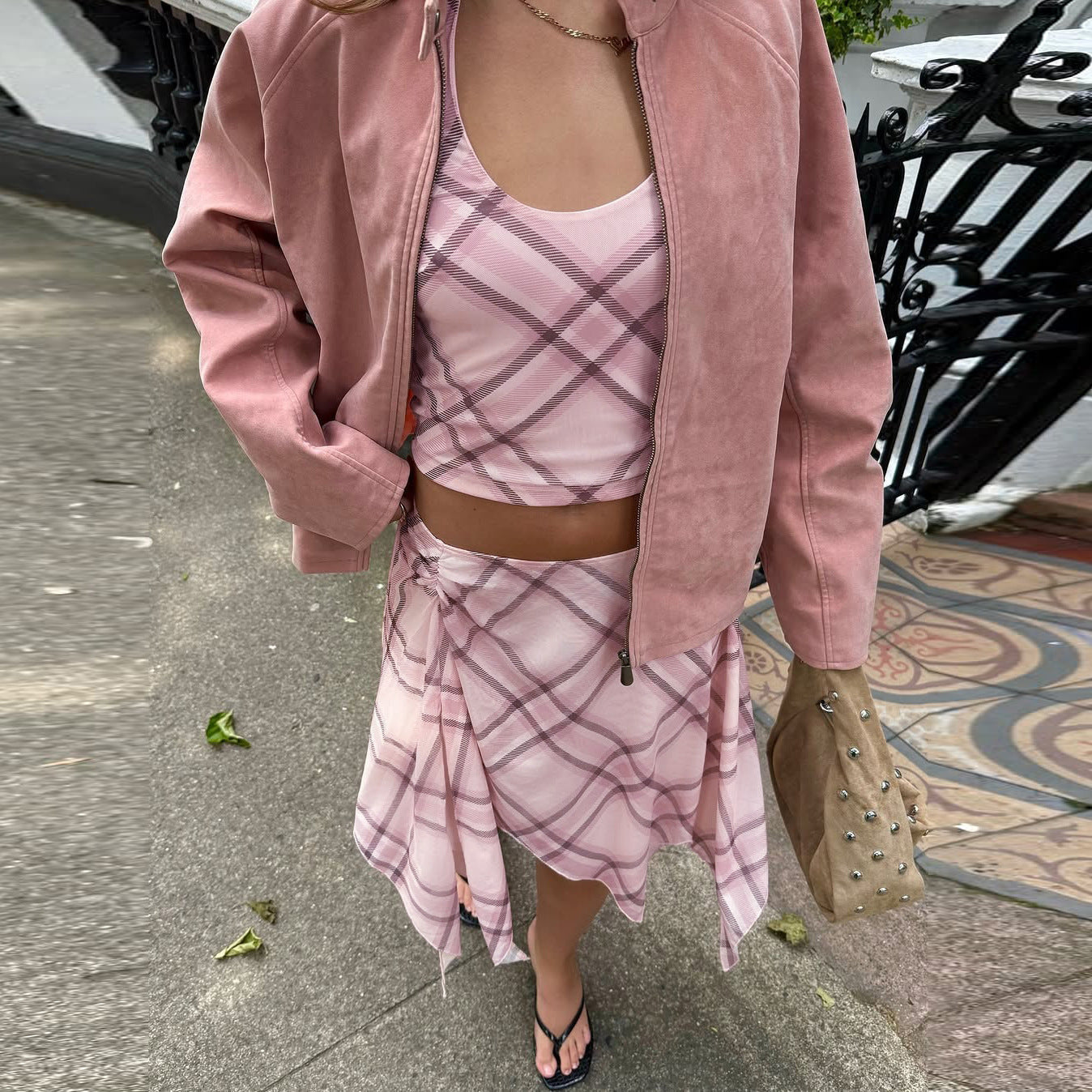 Damen Sommerliches Karomuster Top und Rock Set R&B
