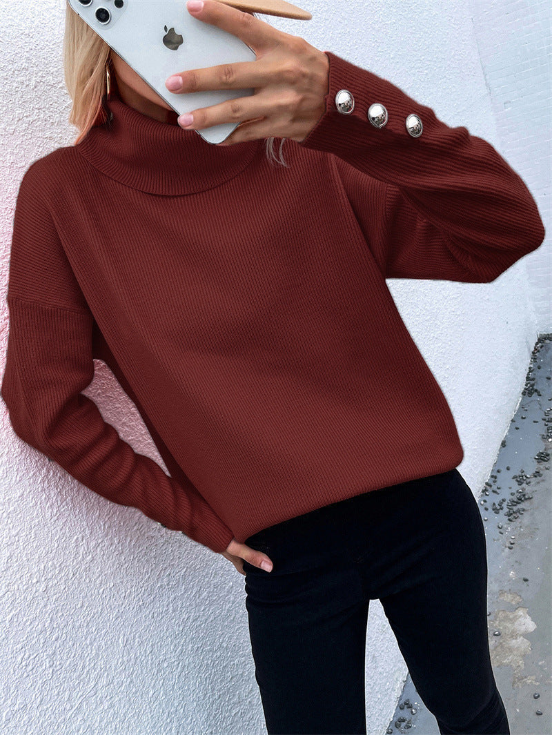 Damen Grobstrickpullover mit Rollkragen und Knopfdetail R&B