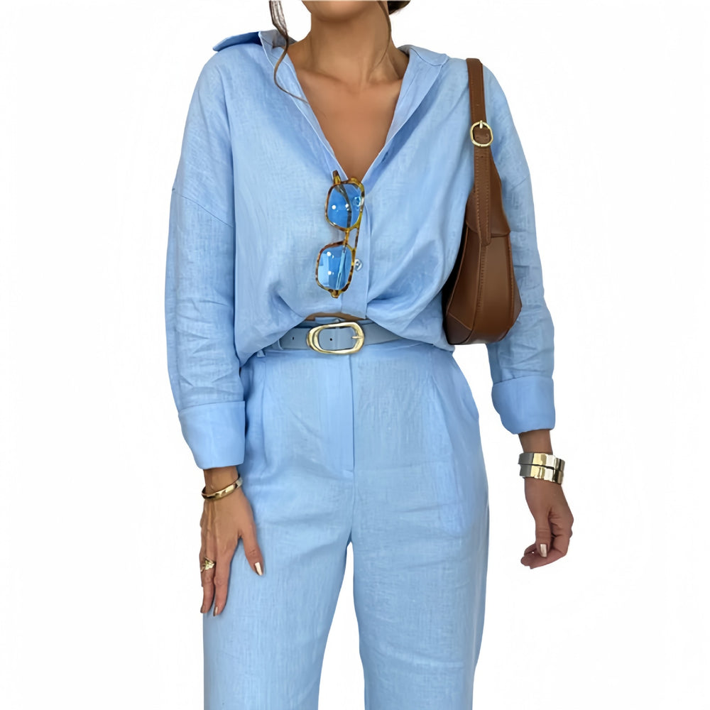 Damen angesagter Leinen-Jumpsuit mit tailliertem Schnitt und langen Ärmeln R&B