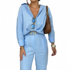 Damen angesagter Leinen-Jumpsuit mit tailliertem Schnitt und langen Ärmeln R&B