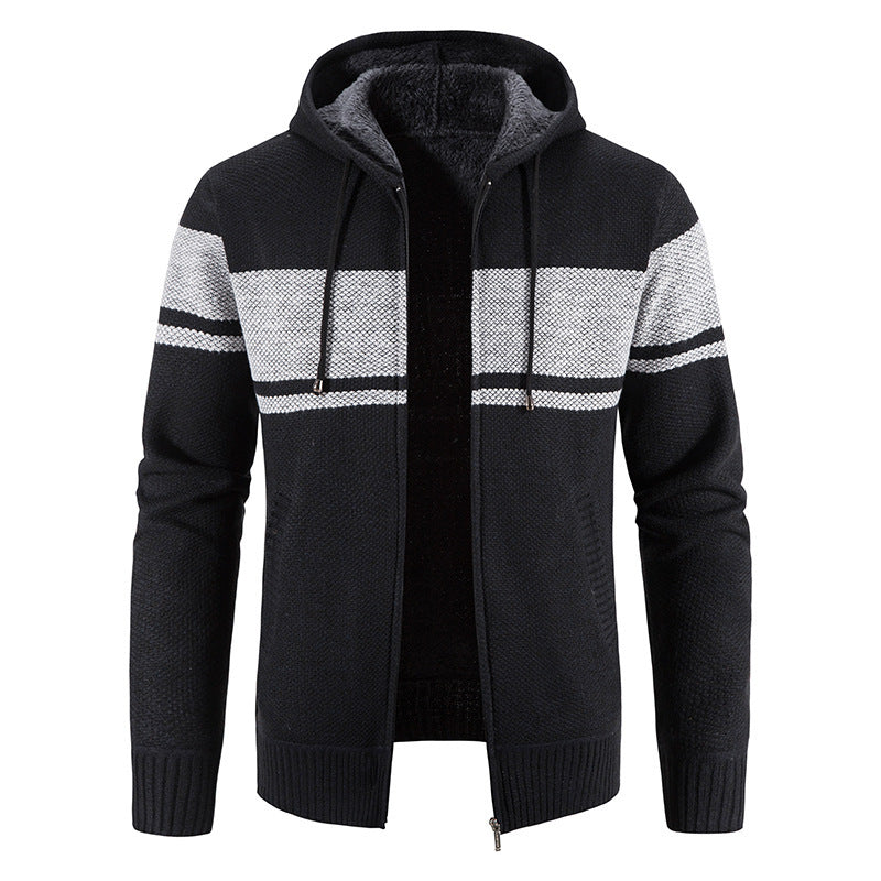 Herren Strickjacke mit Kapuze und kontrastierendem Streifenmuster R&B