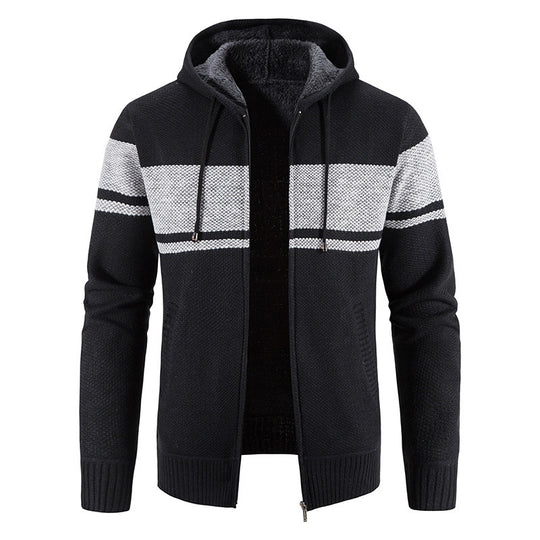 Herren Strickjacke mit Kapuze und kontrastierendem Streifenmuster R&B