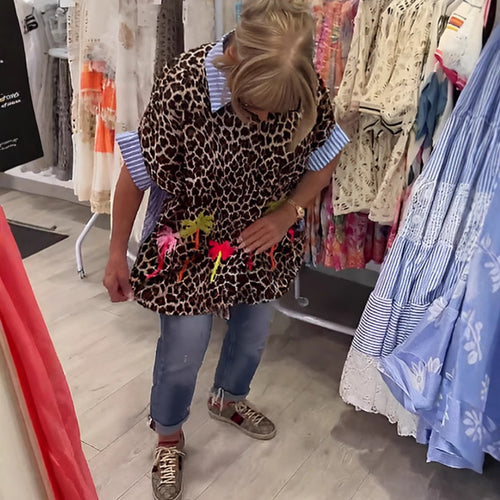 Damen nan weit geschnittene Poncho-Tunika mit Leoprint und dekorativen Flamingo-Applikationen R&B