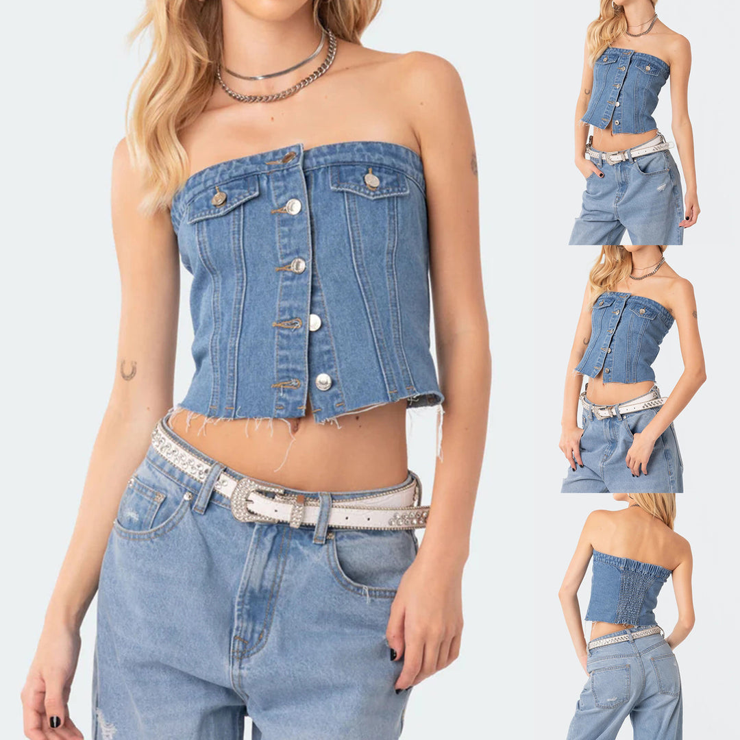 Damen Jeans-Top mit ärmellosem Design und Knopfleiste R&B